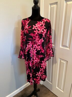 connected apparel Black Dress with Bright Pink Floral Print
